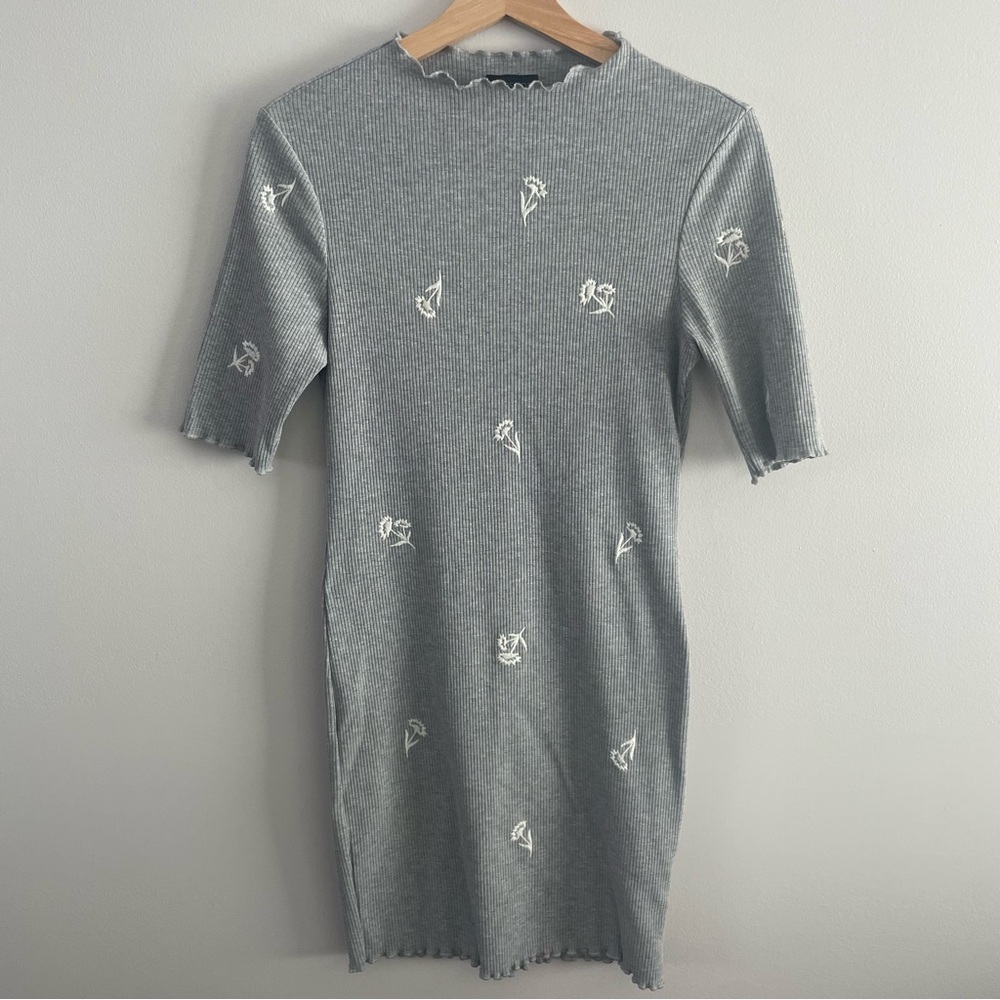 Topshop Grey Ribbed Midi Bodycon Dress with White Floral Embroidery